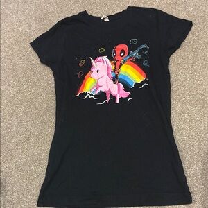 Black Short-Sleeve Graphic Tee with Pink Unicorn and Deadpool